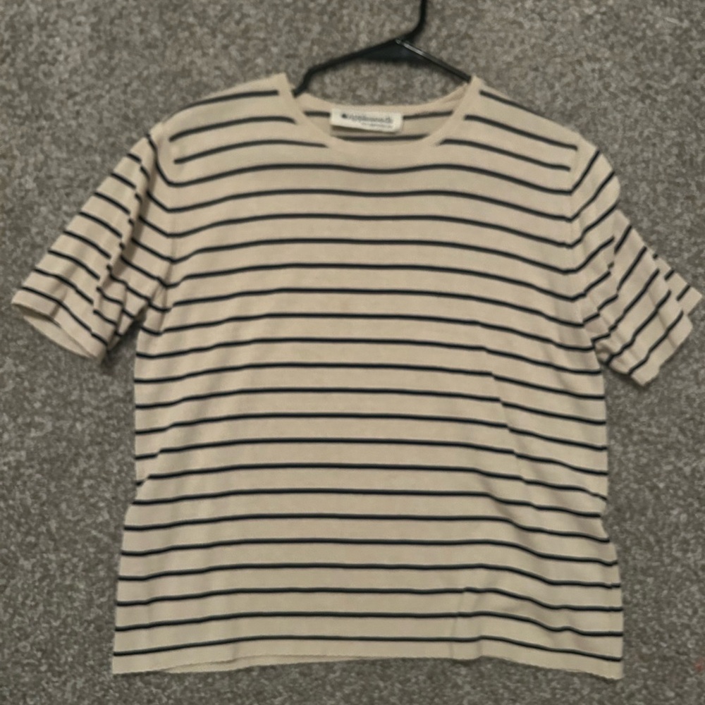 Appleseed's Beige and Black Striped Short Sleeve Tee